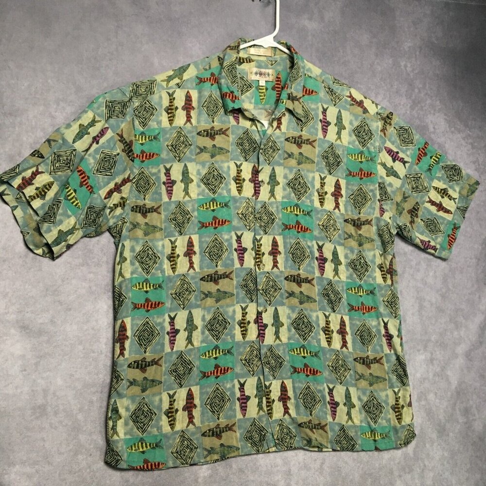 Campia Moda Mens Hawaiian Shirt size XL Short Sleeve Tribal Fish Graphic Green